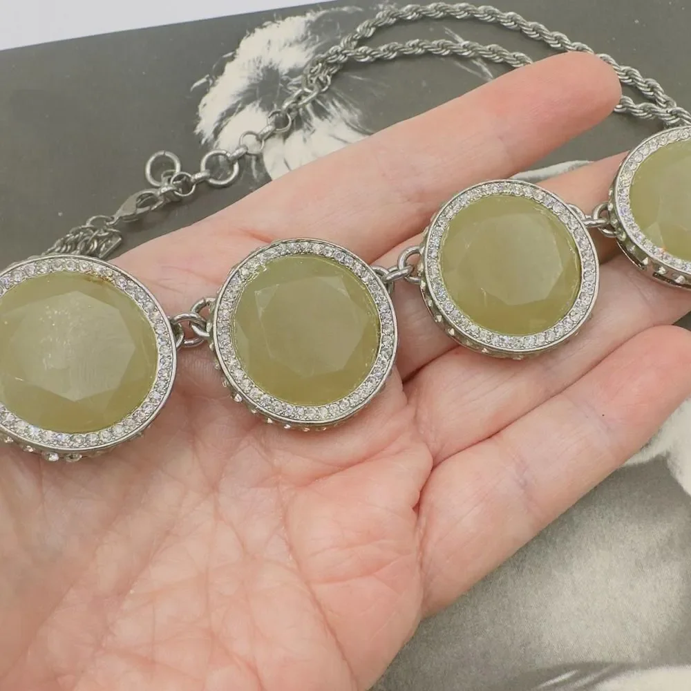 Vintage Banana Republic Large Green Stone Disk Crystal Rope Chain Necklace